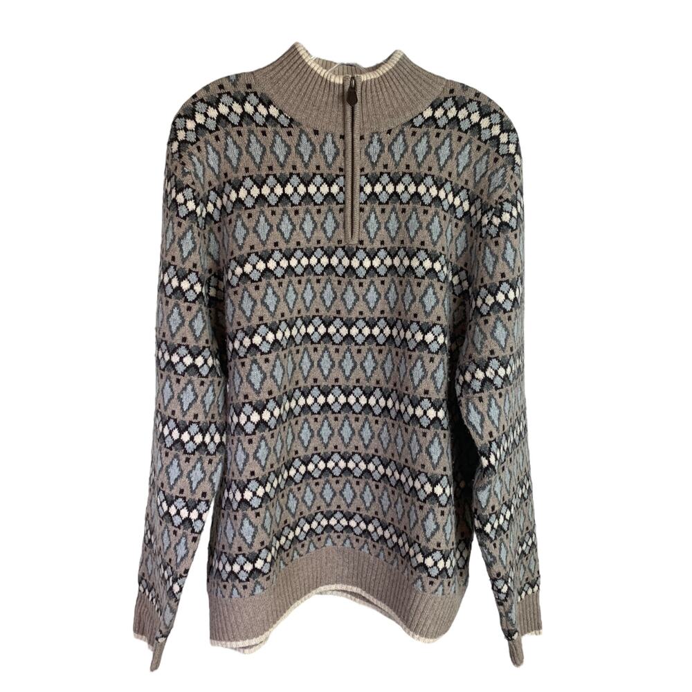 Brooks Brothers Sweater Mens L Tan Knit Scottish Lambswool Long Sleeve Half Zip‎